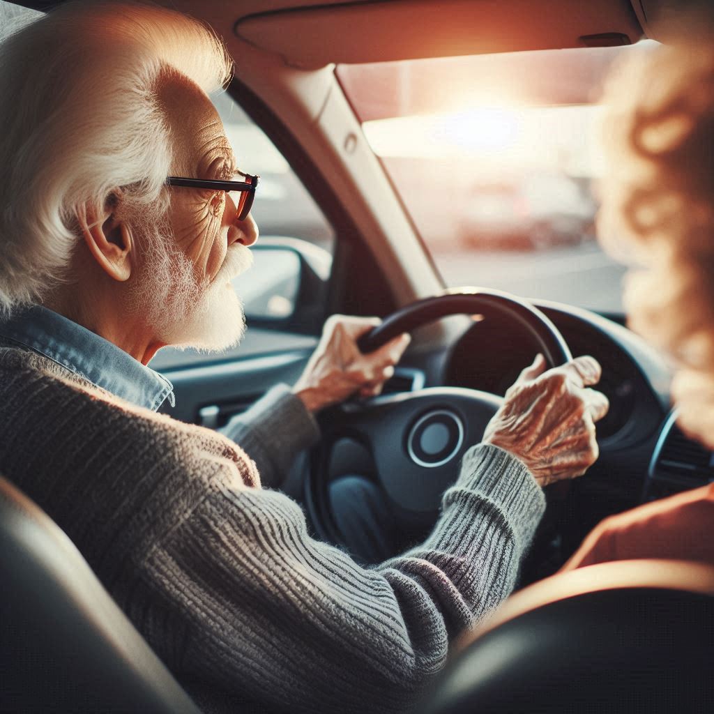 idoso usando óculos dirige carro com as duas mãos ao volante e tem uma outra pessoa no banco do lado